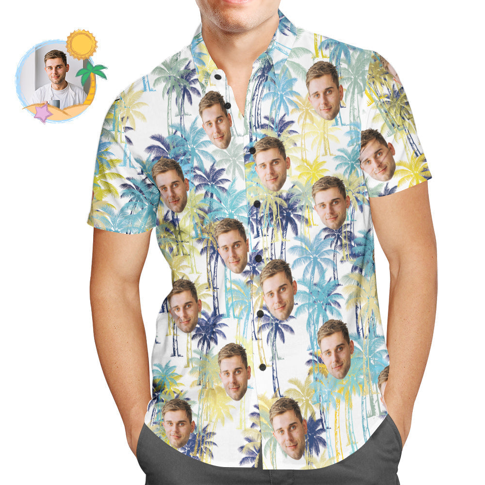 Custom Face Hawaiian Shirt Multicolor Coconut Tree Funny Beach Shirt for Men