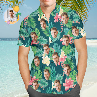 Custom Face Hawaiian Shirt Cute Pink Flowers Summer Shirt Gift for Men