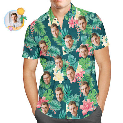 Custom Face Hawaiian Shirt Cute Pink Flowers Summer Shirt Gift for Men