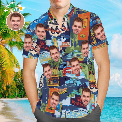 Custom Face Hawaiian Shirt Route 66 Landmarks Aloha Beach Shirt Gift for Him