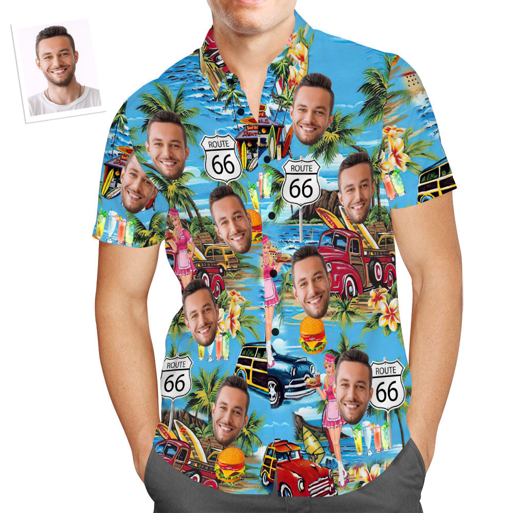 Custom Face Blue Hawaii Route 66 Aloha Hawaiian Shirt Gift for Him