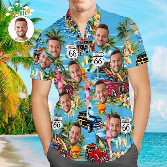 Custom Face Blue Hawaii Route 66 Aloha Hawaiian Shirt Gift for Him