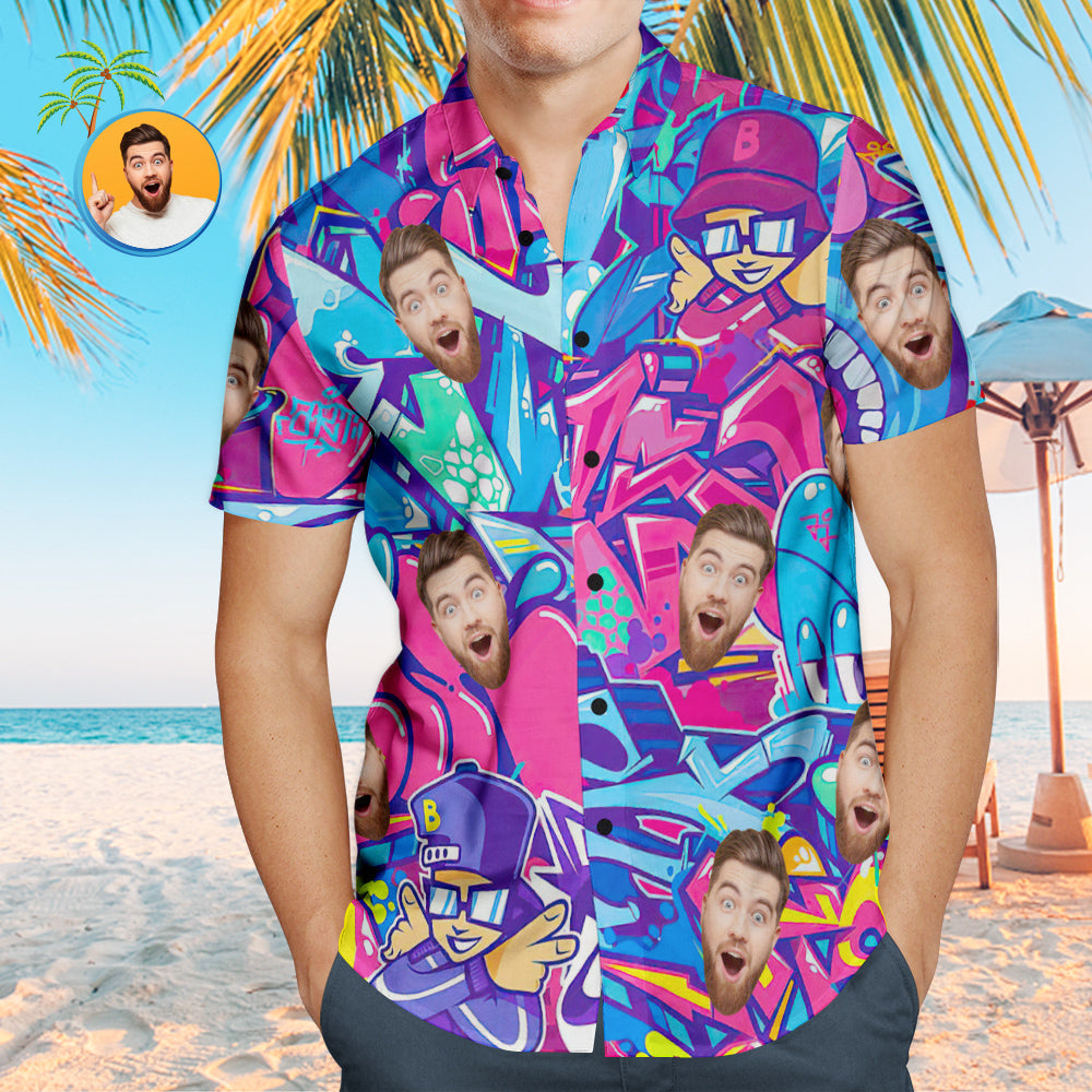 Custom Face Hawaiian Shirts Personalized Hip Hop Style Shirt Colorful Graffiti