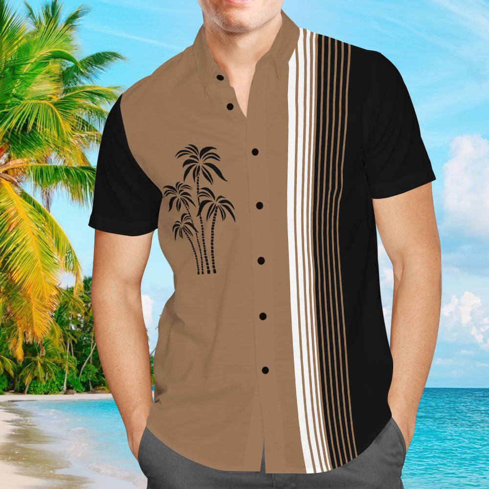 Custom Text Men's Vintage Hawaiian Shirts Casual Palm Tree Print Striped Bowling Shirt for Men