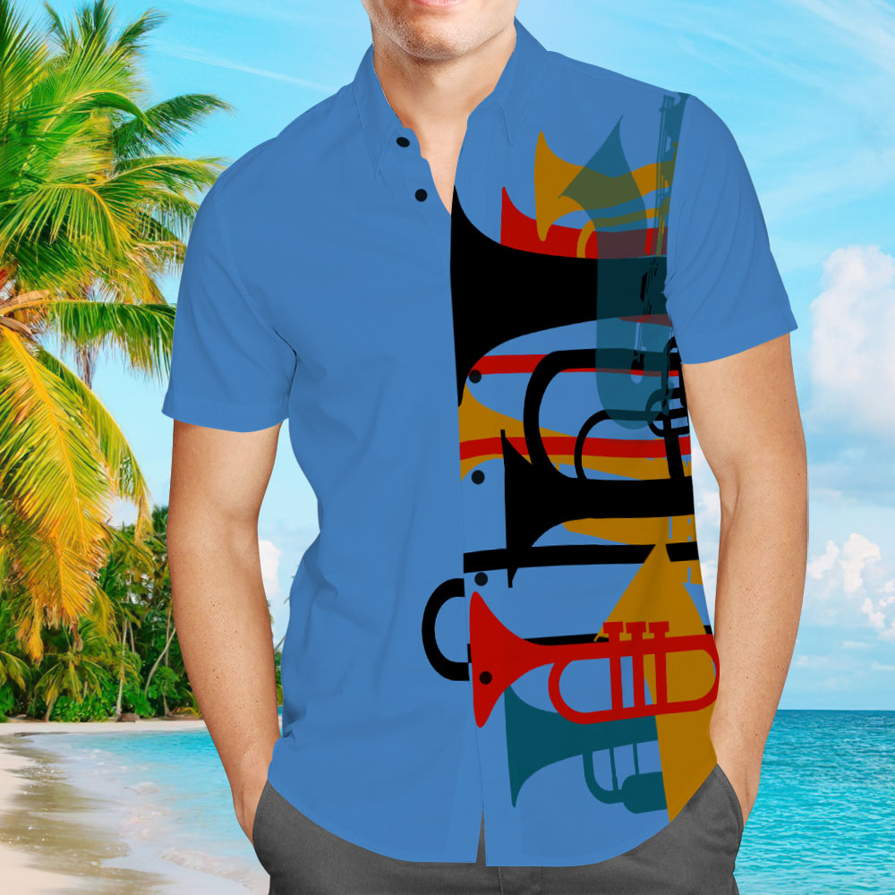 Custom Text Men's Vintage Hawaiian Shirts Music Jazz Trumpet Print Hawaiian Shirts for Men