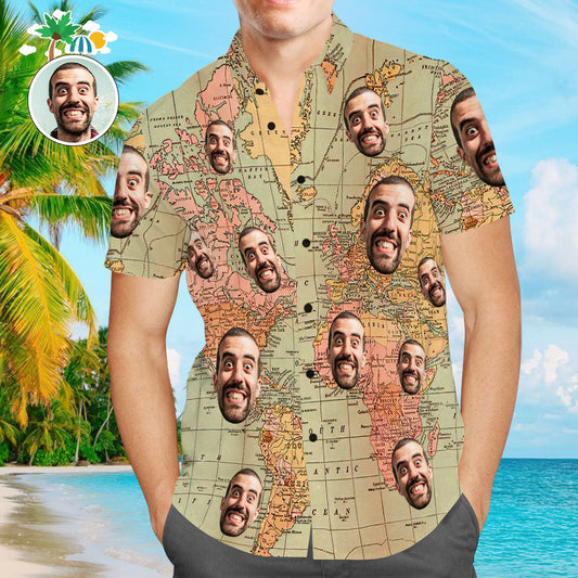 Custom Face World Map Printed Vintage Travel Short Sleeve Vintage Hawaiian Shirts for Men