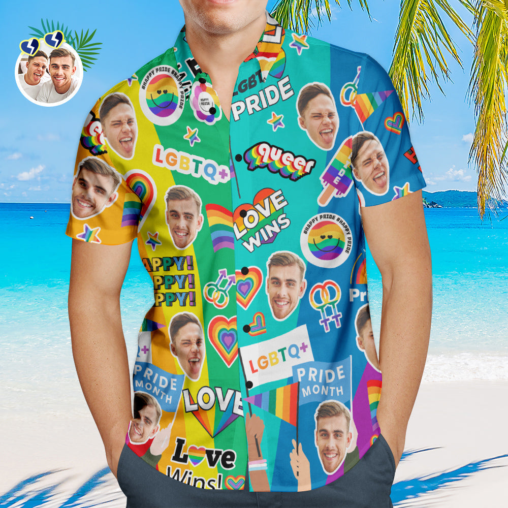 Custom Face Men Hawaiian Shirts Personalized LGBTQ Gay Pride Shirt - Love Wins