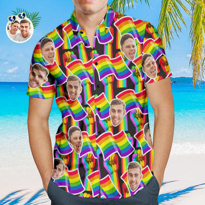 Custom Face Men Hawaiian Shirts Personalized LGBTQ Gay Pride Shirt - Rainbow Flag