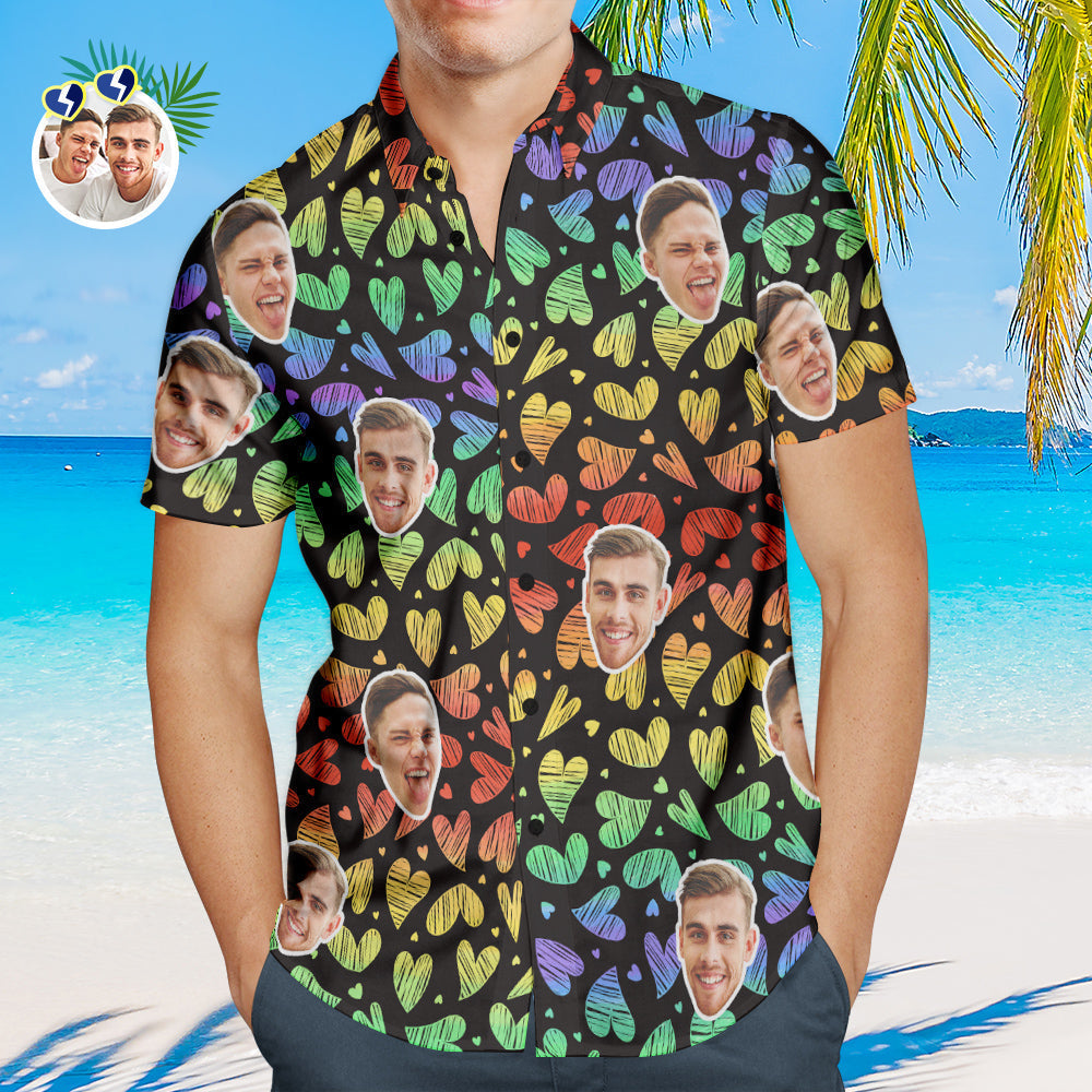 Custom Face Men Hawaiian Shirts Personalized LGBTQ Gay Pride Shirt - Rainbow Love