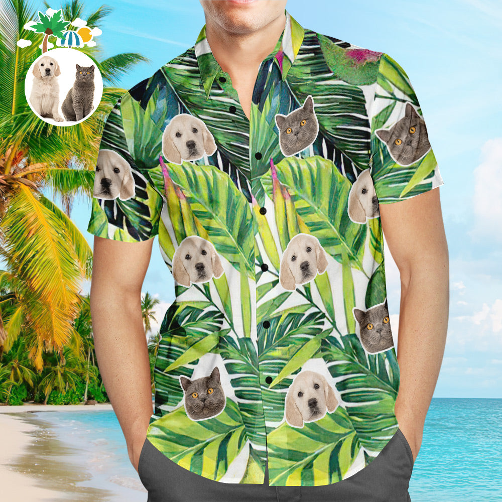 Custom Dog Face Hawaiian Shirt Green Leaves Personalized Aloha Beach Shirt Gift For Pet Lover