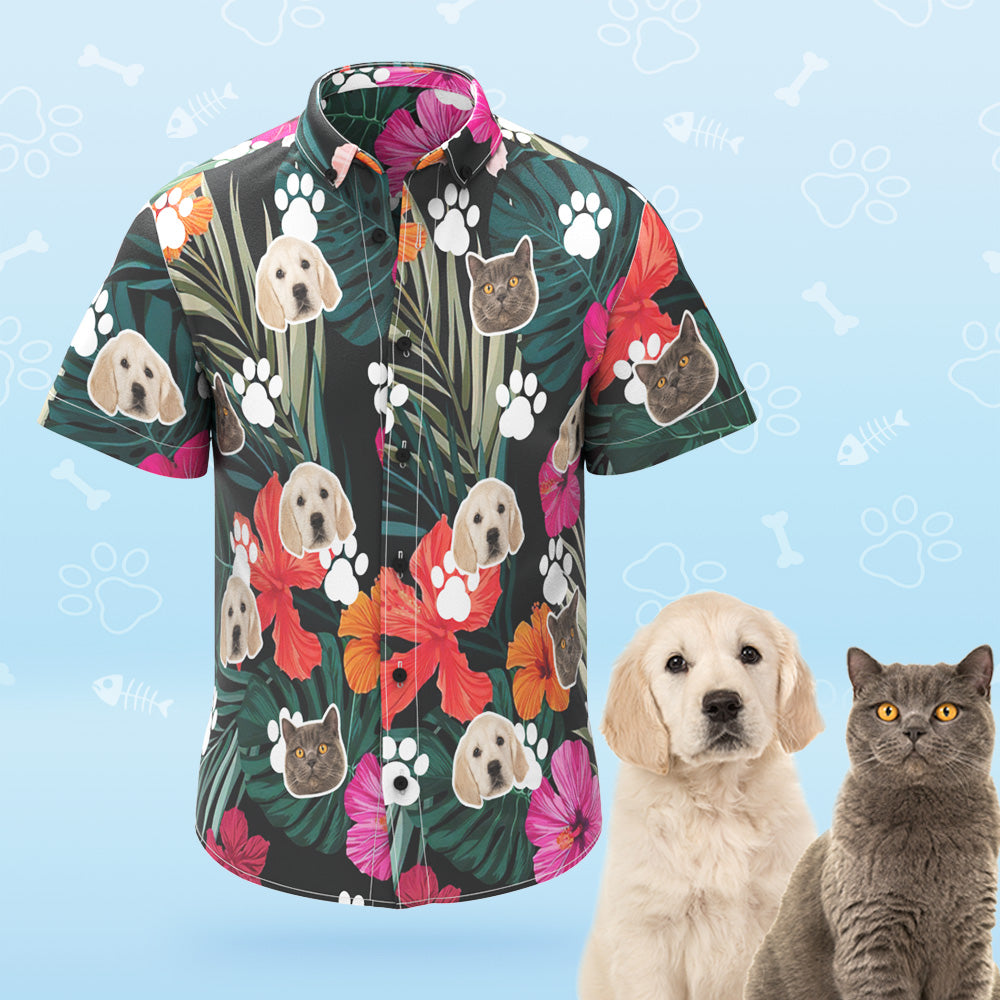 Custom Dog Face Hawaiian Shirt Leaves and Flowers Personalized Aloha Beach Shirt Gift For Pet Lover