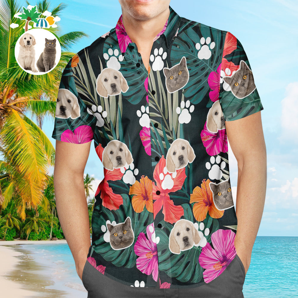 Custom Dog Face Hawaiian Shirt Leaves and Flowers Personalized Aloha Beach Shirt Gift For Pet Lover