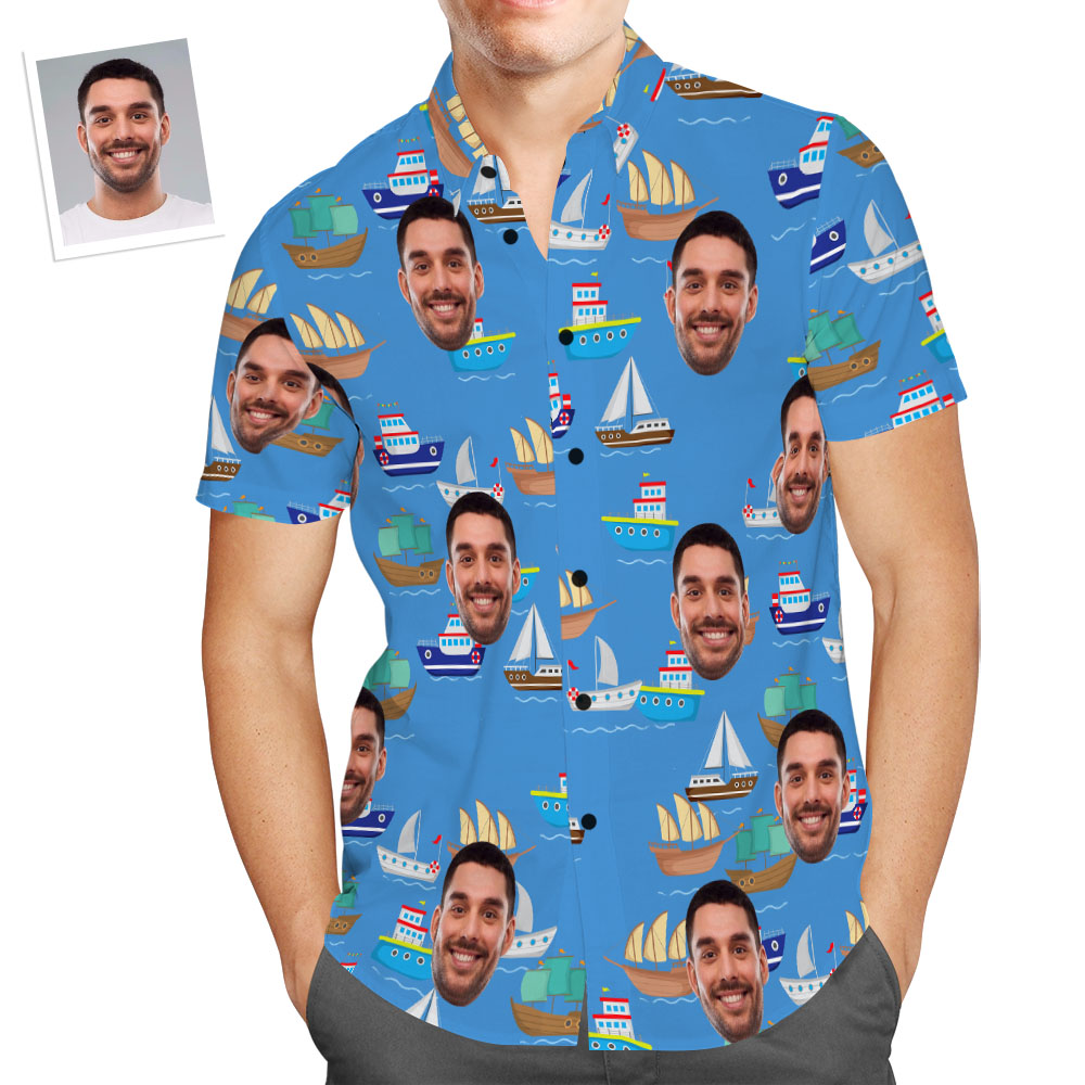 Custom Face Hawaiian Shirt Colorful Sailboat Beach Shirt Holiday Gift for Men