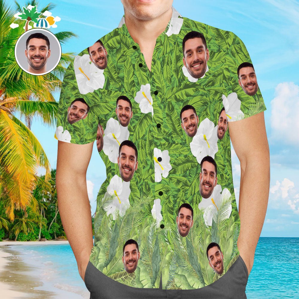 Custom Face Hawaiian Shirt Green Leaves Aloha Beach Shirt Gift for Men