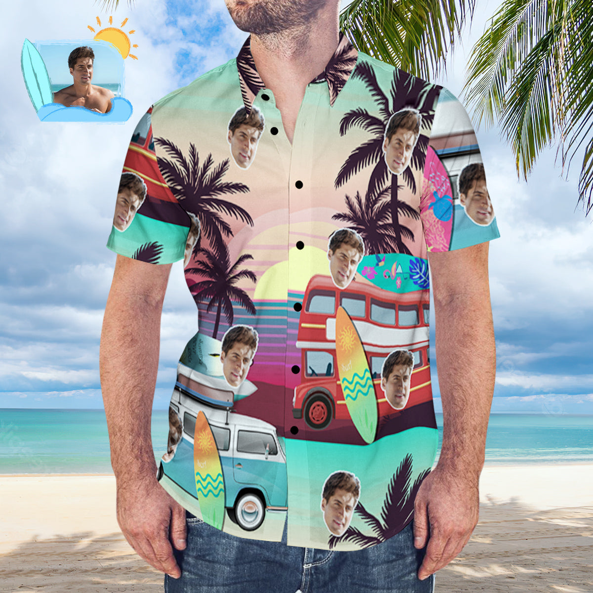 Custom Face Men's Coconut Tree Print Casual Vacation Short Sleeve Hawaiian Shirt