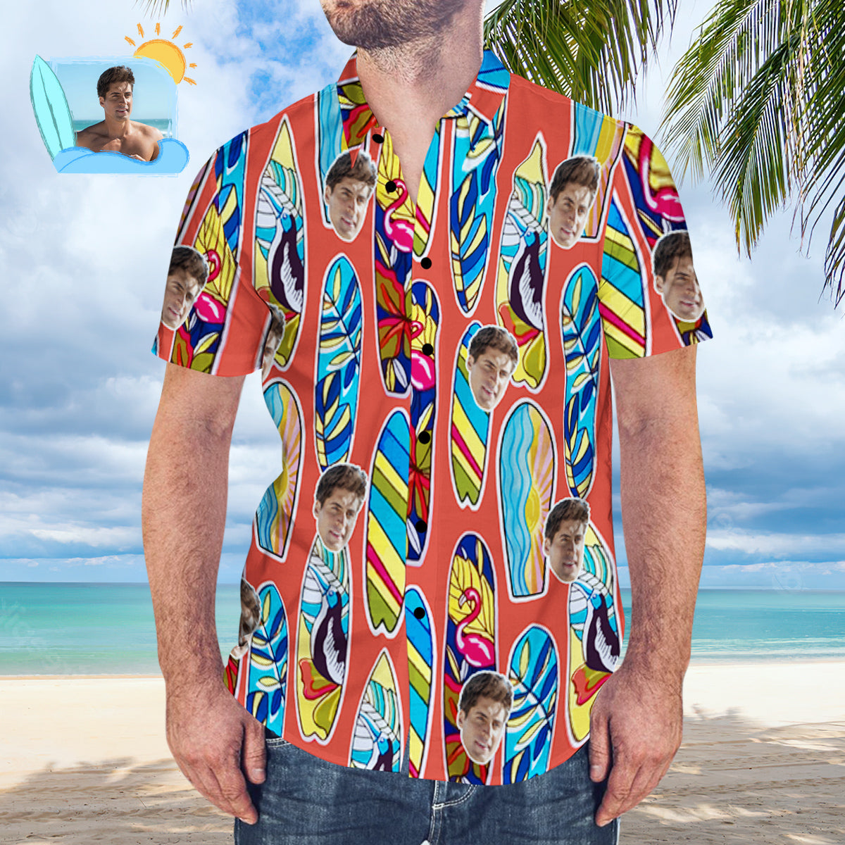 Custom Face Men's Hawaiian Surfing Board Print Short Sleeve Funky Aloha Shirt