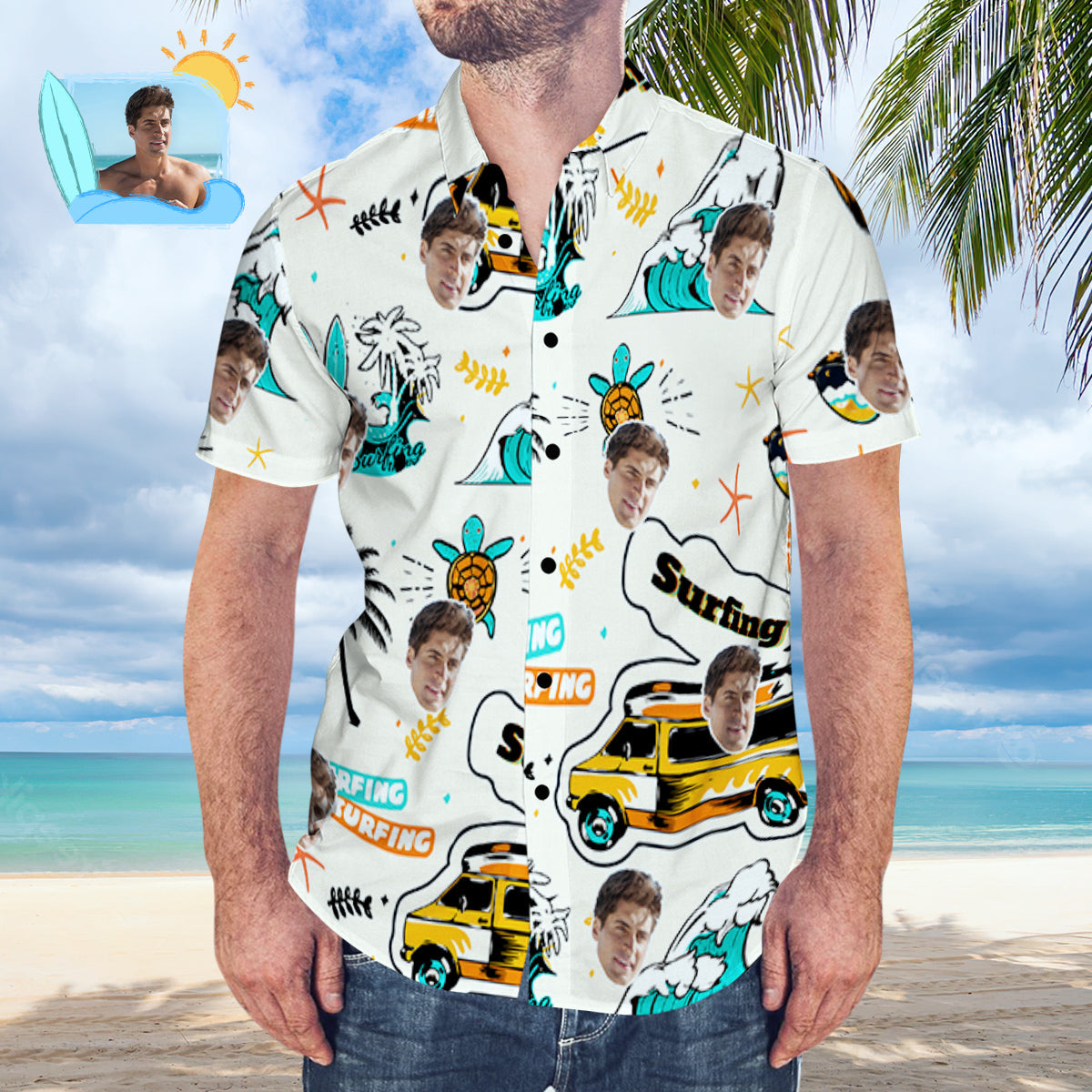 Custom Face Hawaiian Shirt Personalized Surfing Style White Aloha Beach Shirt Gift for Surfer