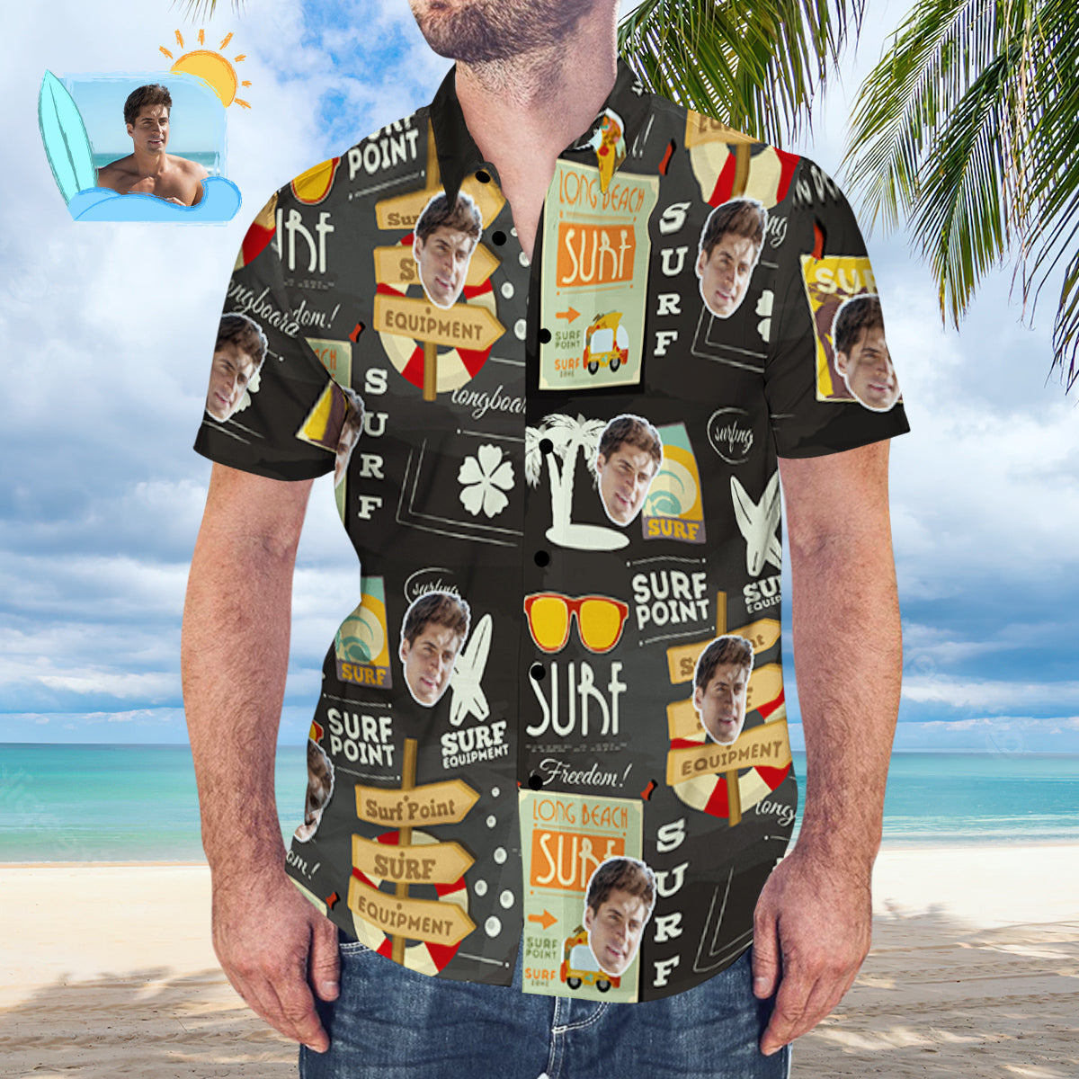 Custom Face Hawaiian Shirt Personalized Surfing Style Black Aloha Beach Shirt Gift for Surfer