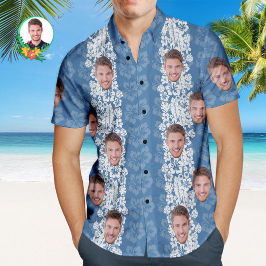 Custom Face Blue Hibiscus Pattern Men's Hawaiian Shirt Aloha Beach Shirt Gift for Him