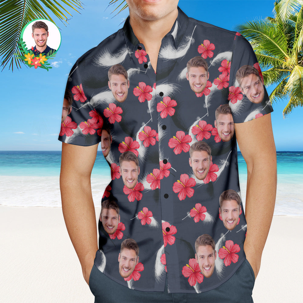 Custom Face Red Hibiscus Men's Hawaiian Shirt Aloha Beach Shirt Gift for Him