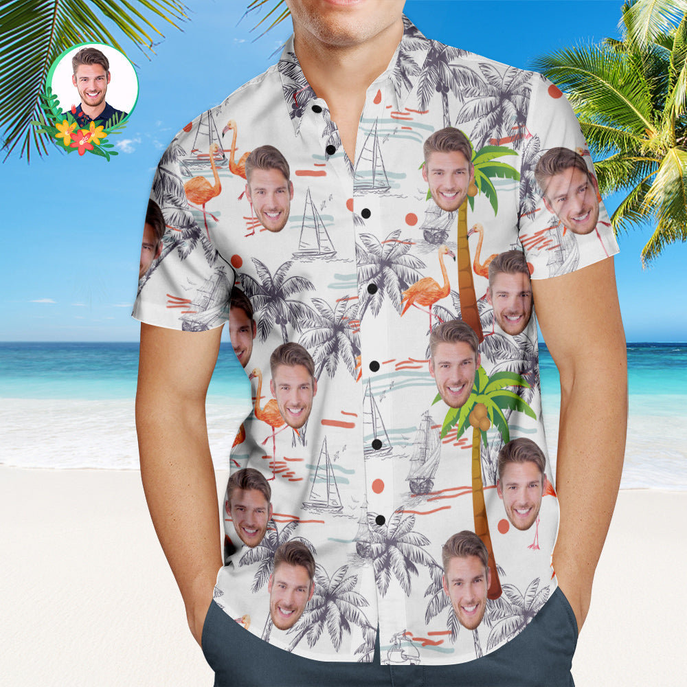 Custom Face Men's Vintage Hawaiian Shirt Palm Tree Aloha Beach Shirt Gift for Him