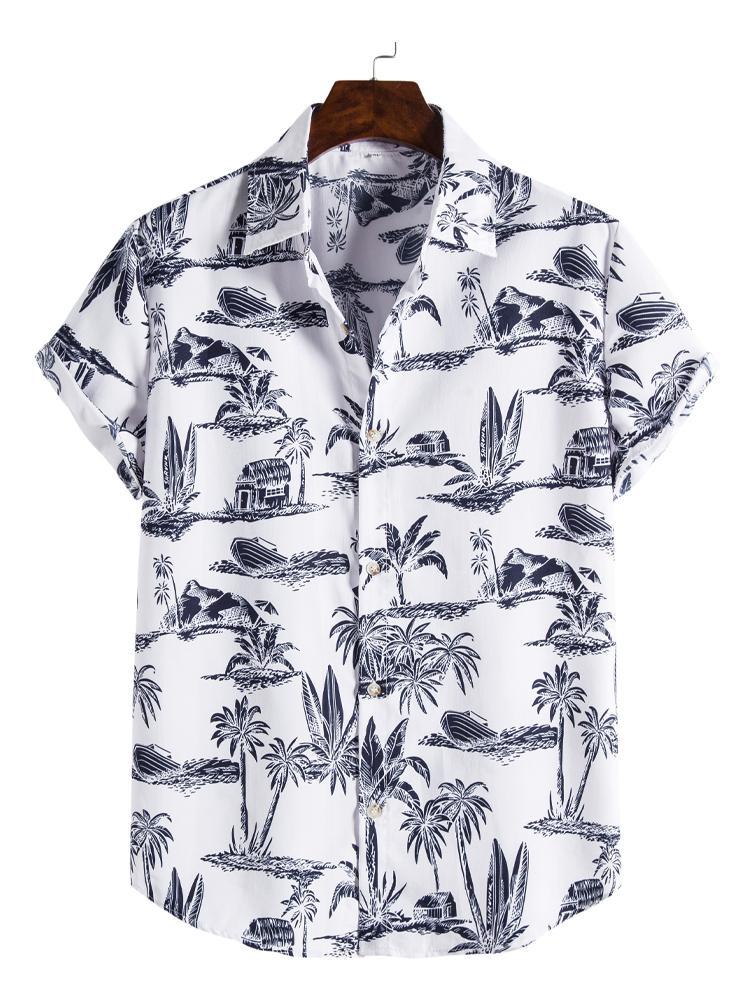 Cabin And Ship Pattern Beach Mens Short Sleeve Shirt Hawaiian