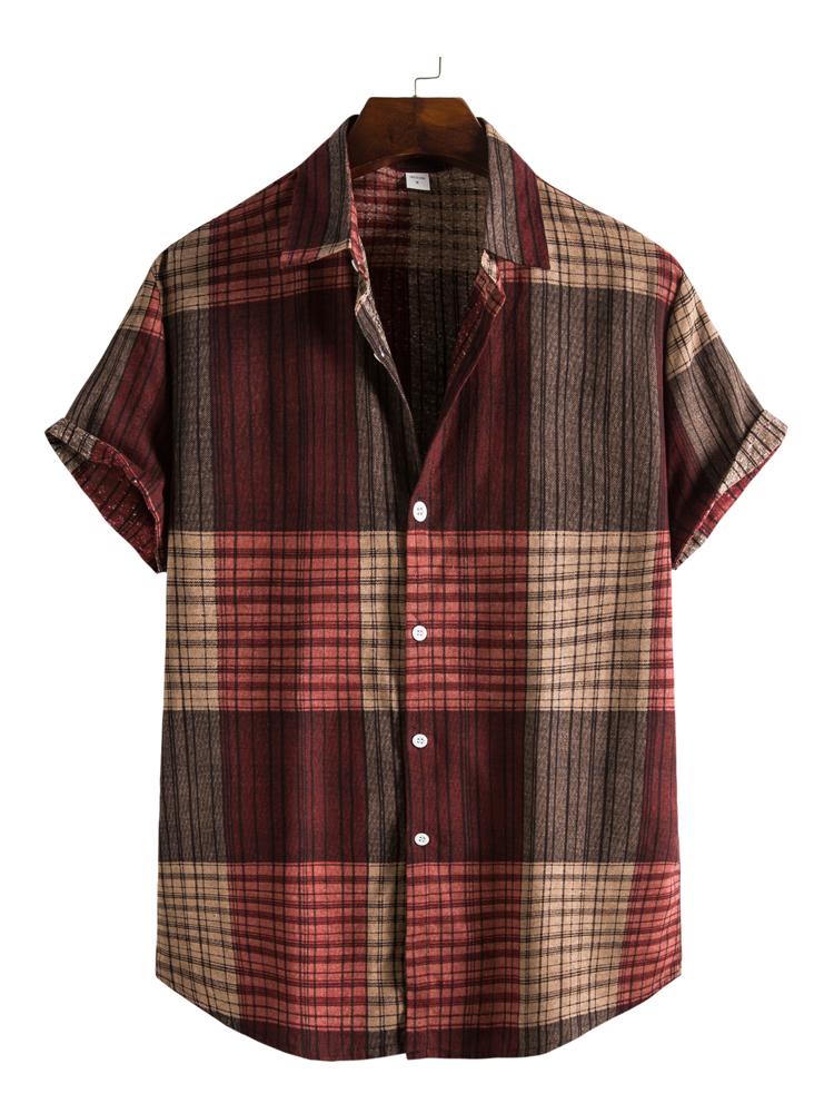 Mens Red Brown Plaid Check Short Sleeve Shirt Hawaiian