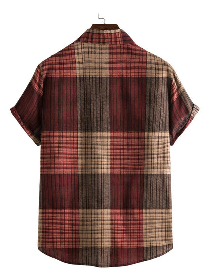 Mens Red Brown Plaid Check Short Sleeve Shirt Hawaiian