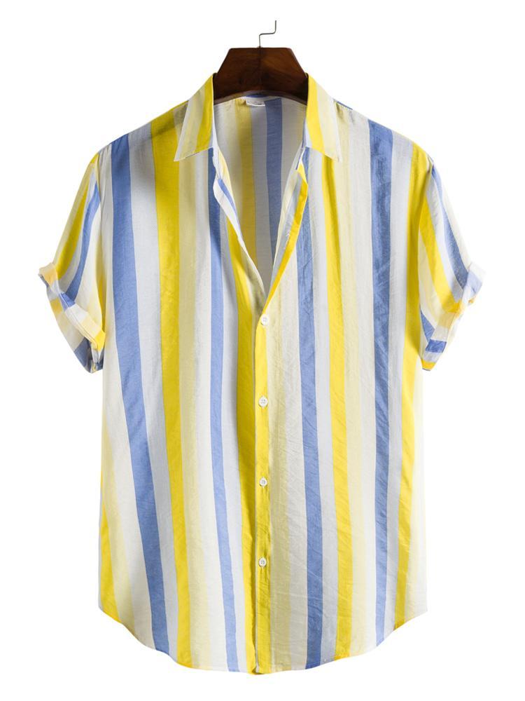 Yellow White And Blue Stripe Mens Short Sleeve Shirt Hawaiian