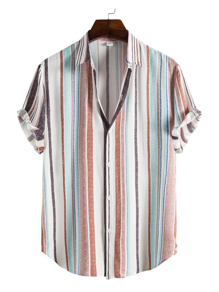 White Brown And Blue Stripe Mens Short Sleeve Shirt Hawaiian