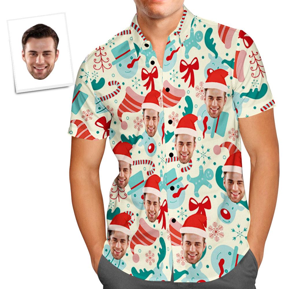 Custom Face Shirt Personalised Photo Men's Hawaiian Shirt Christmas Gift - Santa Hat