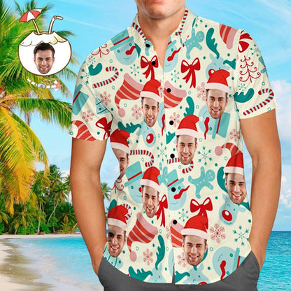 Custom Face Shirt Personalised Photo Men's Hawaiian Shirt Christmas Gift - Santa Hat