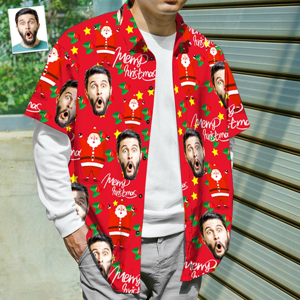 Custom Face Shirt Personalised Photo Men's Hawaiian Shirt Christmas Gift - Happy Santa