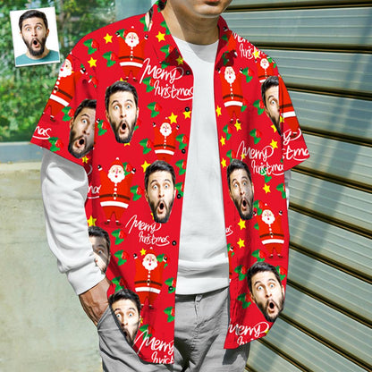 Custom Face Shirt Personalised Photo Men's Hawaiian Shirt Christmas Gift - Happy Santa