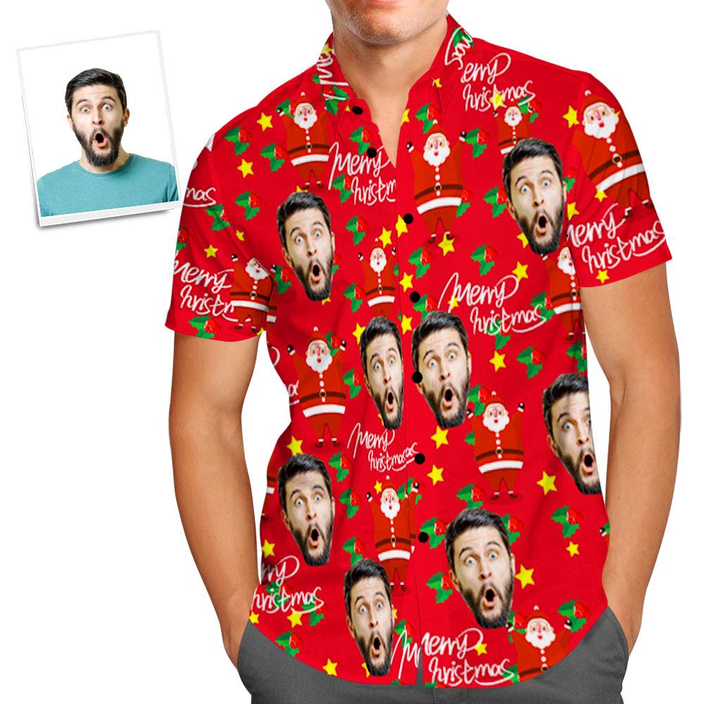 Custom Face Shirt Personalised Photo Men's Hawaiian Shirt Christmas Gift - Happy Santa