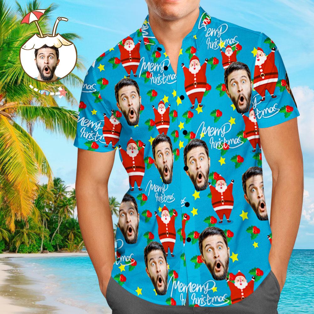 Custom Face Shirt Personalised Photo Men's Hawaiian Shirt Christmas Gift - Happy Santa