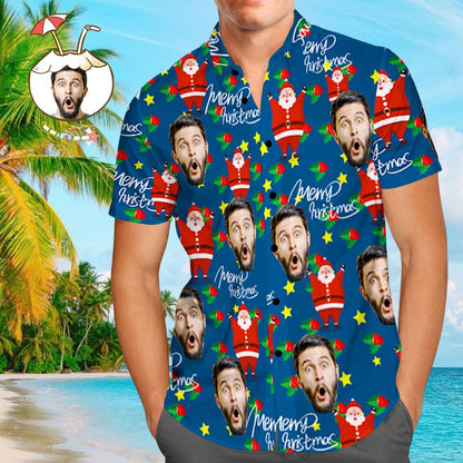 Custom Face Shirt Personalised Photo Men's Hawaiian Shirt Christmas Gift - Happy Santa