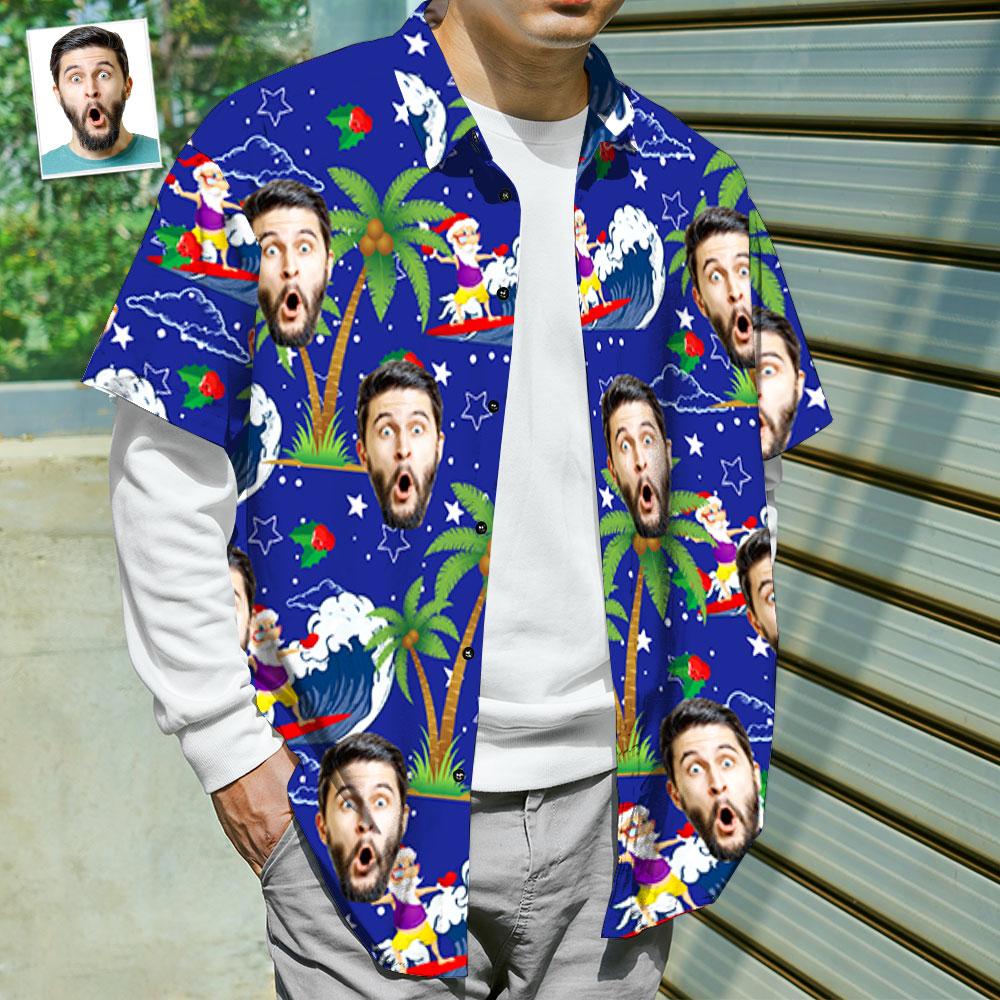 Custom Face Shirt Personalised Photo Men's Hawaiian Shirt Christmas Gift - Surfing Santa