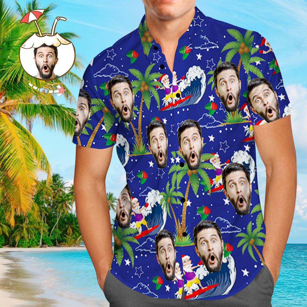 Custom Face Shirt Personalised Photo Men's Hawaiian Shirt Christmas Gift - Surfing Santa