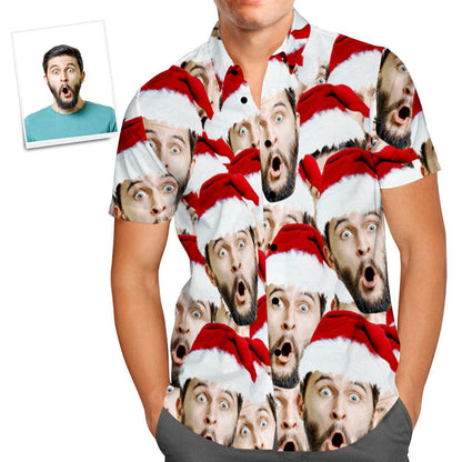 Custom Face Shirt Personalised Photo Men's Hawaiian Shirt Christmas Gift - Santa Face Mash