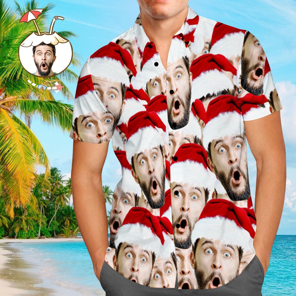 Custom Face Shirt Personalised Photo Men's Hawaiian Shirt Christmas Gift - Santa Face Mash