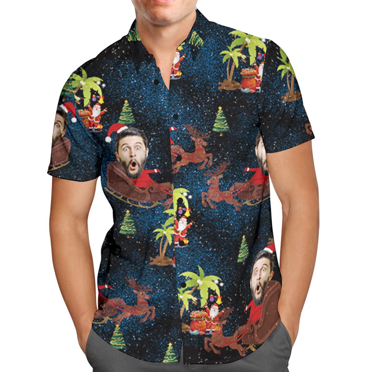 Custom Face Personalised Christmas Hawaiian Shirt Reindeer Pulling a Sleigh Christmas Gift