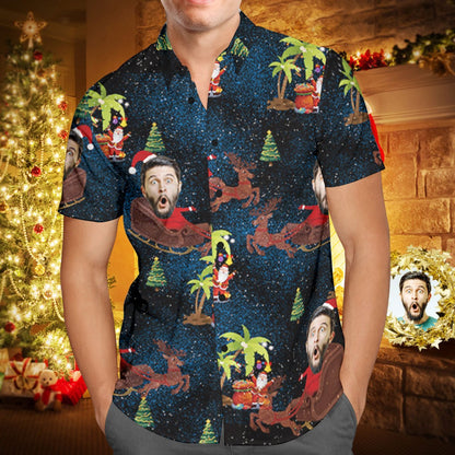 Custom Face Personalised Christmas Hawaiian Shirt Reindeer Pulling a Sleigh Christmas Gift