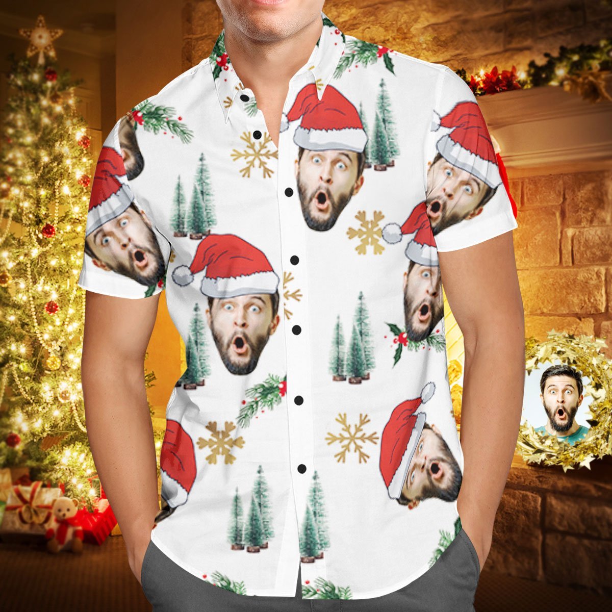 Custom Face Personalised Christmas Hawaiian Shirt Your Face With Santa Hat