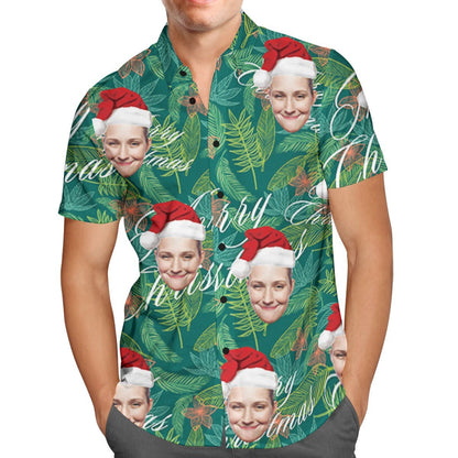 Custom Face Personalised Merry Christmas Hawaiian Shirt All Over Print Leaves