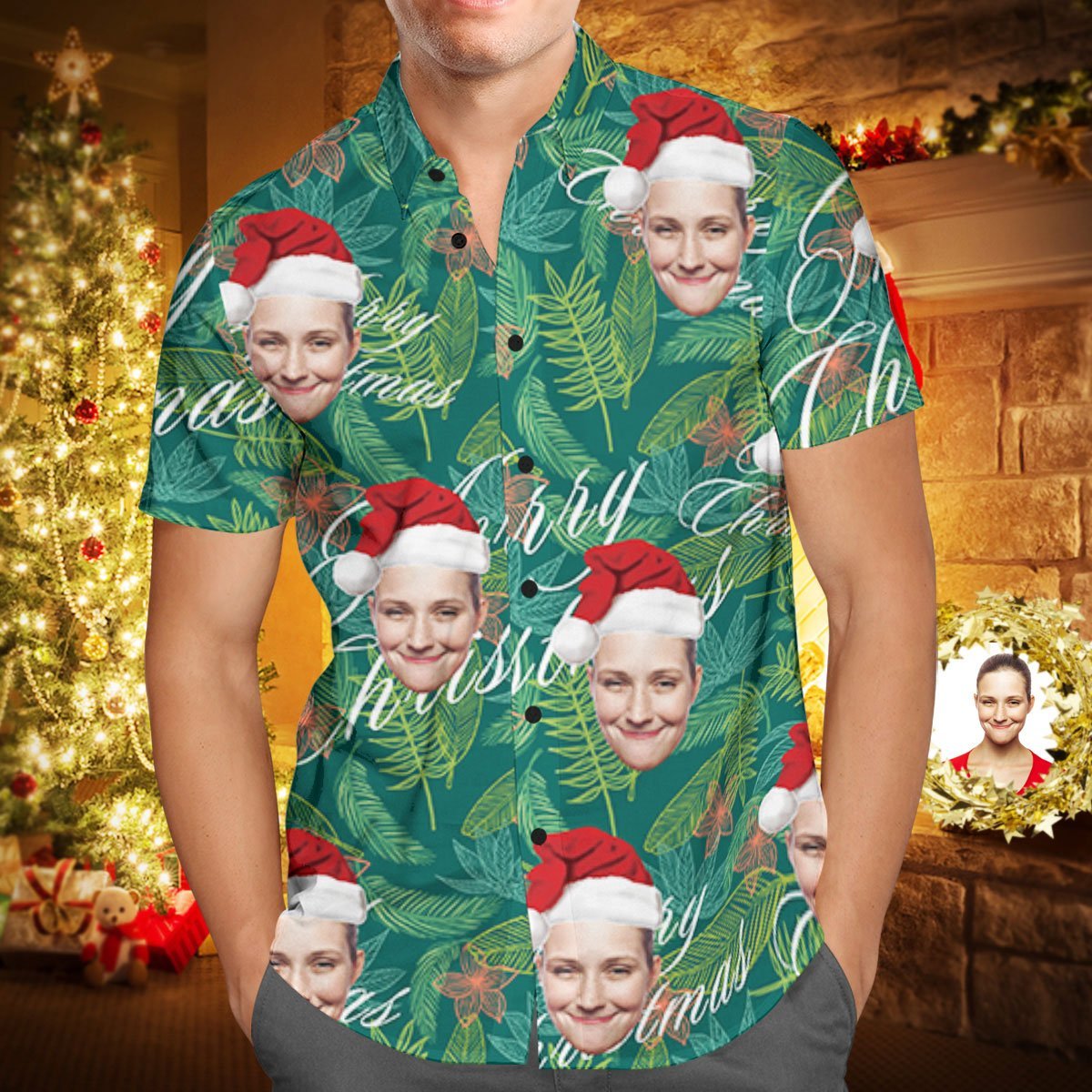 Custom Face Personalised Merry Christmas Hawaiian Shirt All Over Print Leaves