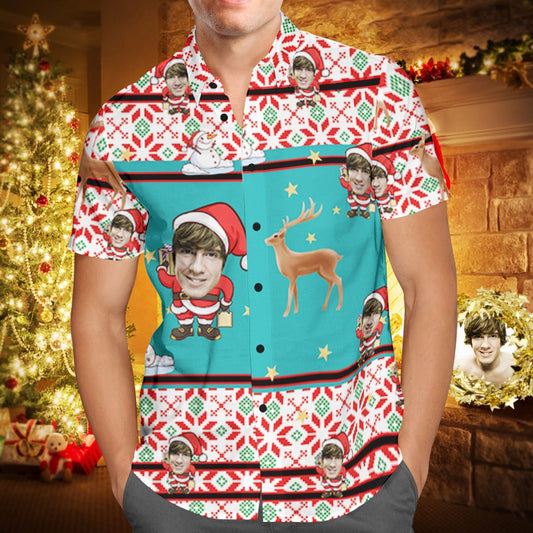 Custom Face Personalised Christmas Hawaiian Shirt Santa Claus and Reindeer