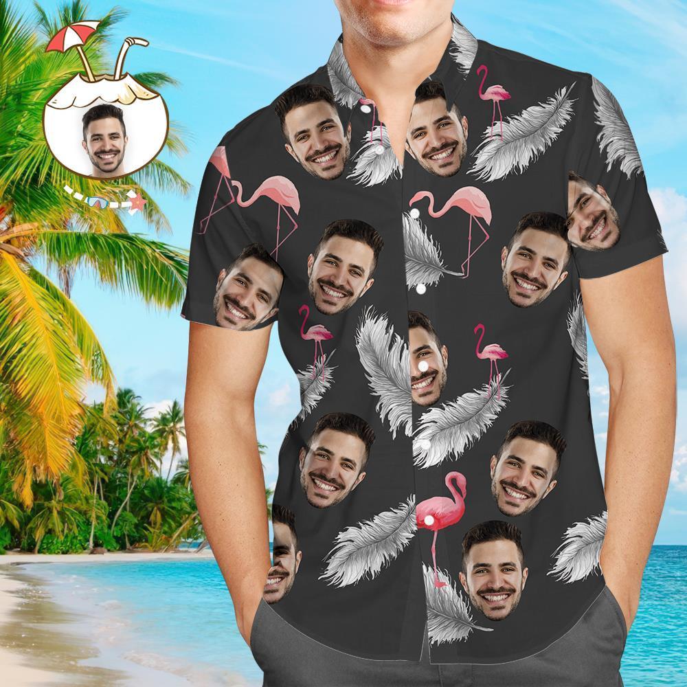 Mens Custom Face Shirt Hawaiian Short Sleeve Feather And Flamingo Black