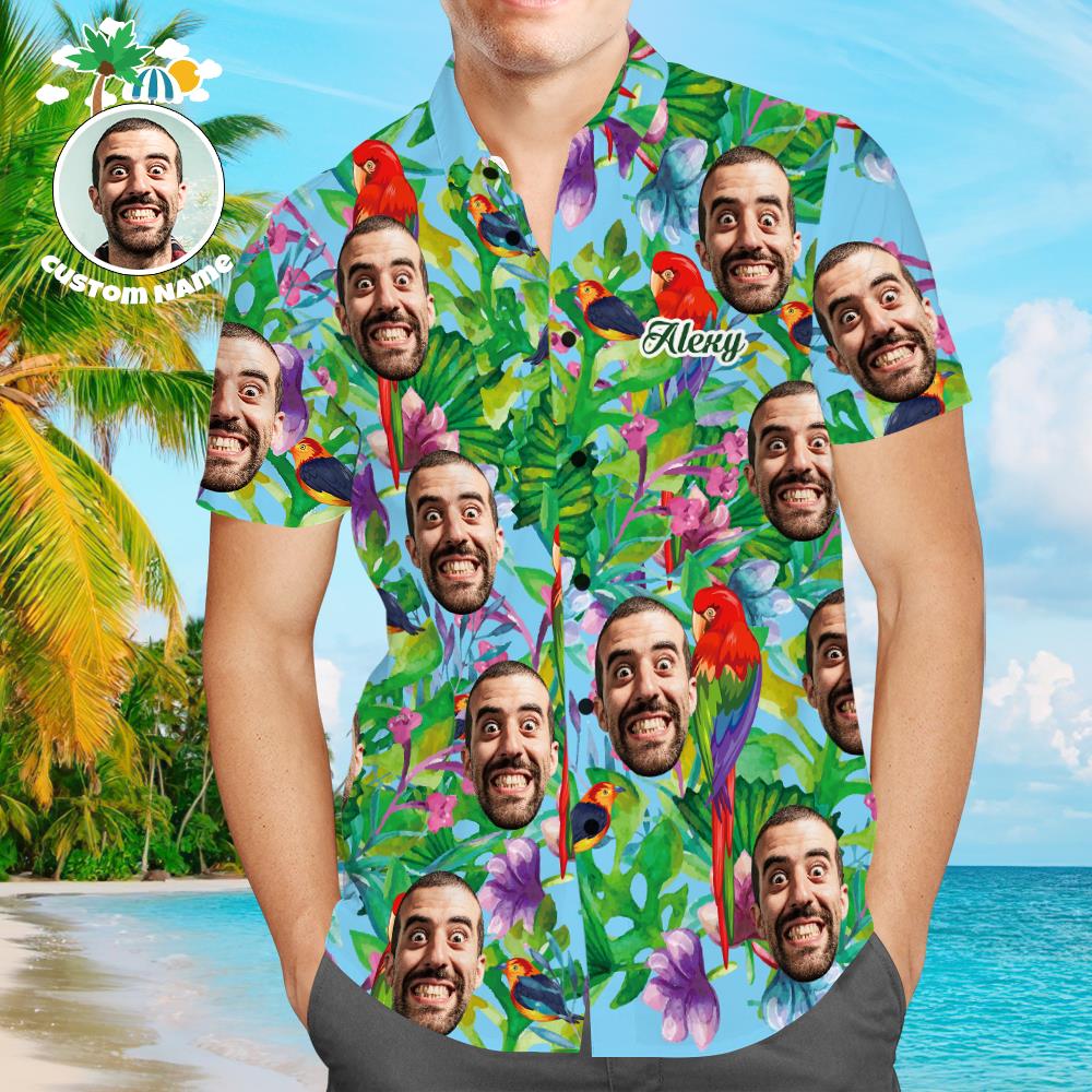 Custom Face Shirt with Text Men's Hawaiian Shirt Colorful Parrot