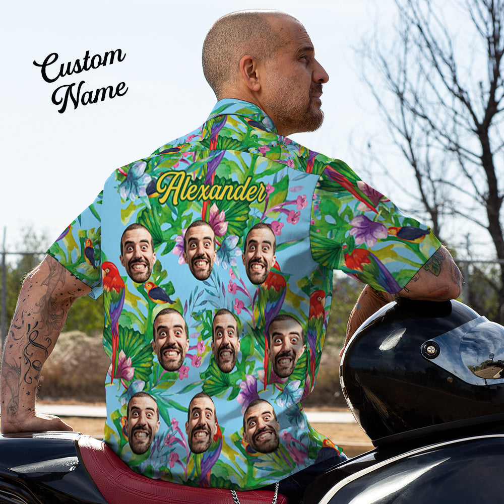 Custom Face Shirt with Text Men's Hawaiian Shirt Colorful Parrot